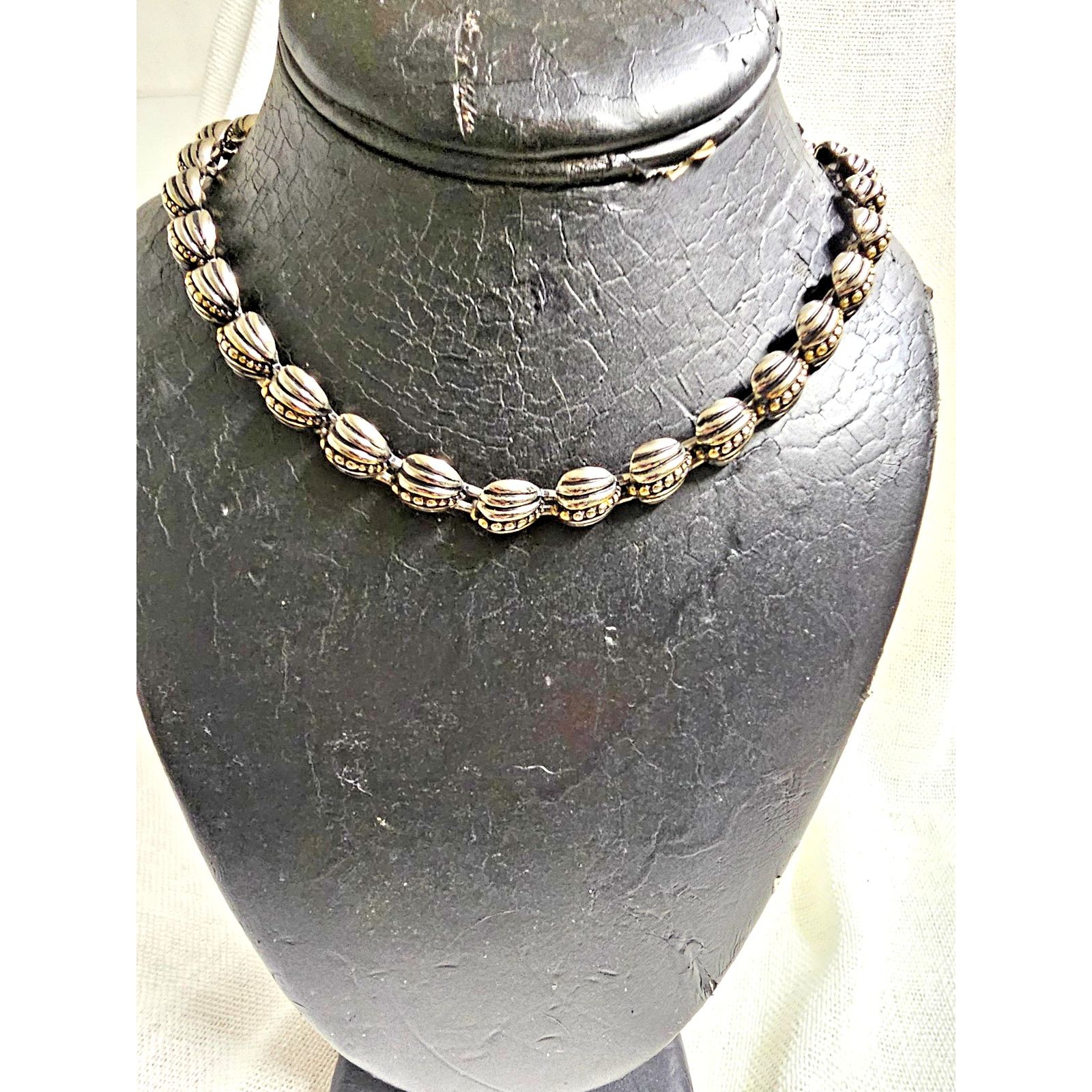 Vintage Silver And Gold Bead Necklace Ribbed Oval Twotone Statement Jewelry